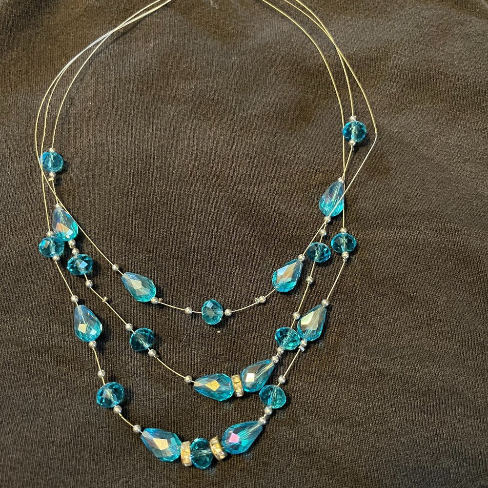 3 Strand Aqua Bead Necklace and Earrings